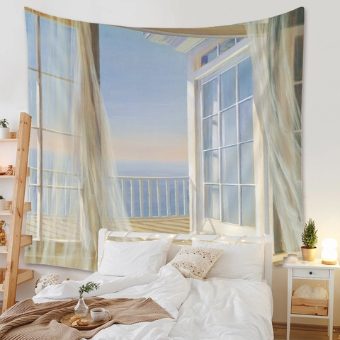 Tapiz Para Colgar En La Pared Tela De Poliéster Vista De La Ventana Paisaje Marino Cielo Estrellado Surrealista Decoración