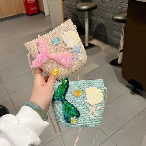 Kids Straw Woven Crossbody Bag Mermaid Tail Seashore Shell Artificial Pearl Decor Shoulder Pouch For Little Girls Princess Cute