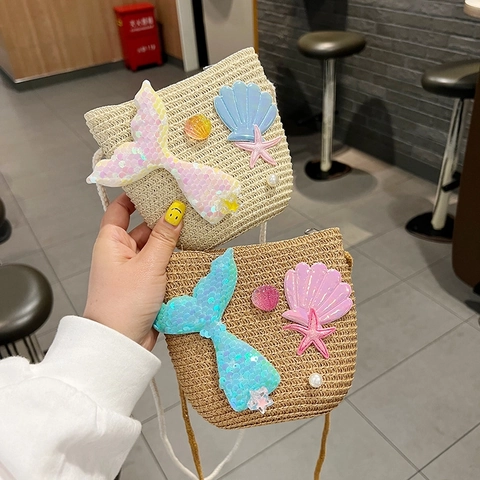 Kids Straw Woven Crossbody Bag Mermaid Tail Seashore Shell Artificial Pearl Decor Shoulder Pouch For Little Girls Princess Cute