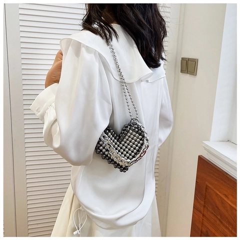Heart Shaped Beaded Bag Silver Metallic Beads Mini Crossbody Evening Handbag For Women Y2K Style With Chain Straps