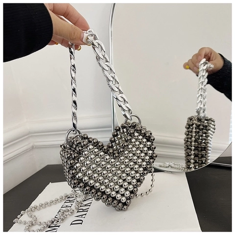 Heart Shaped Beaded Bag Silver Metallic Beads Mini Crossbody Evening Handbag For Women Y2K Style With Chain Straps