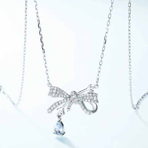 925 Sterling Silver Bow Ribbon Snowflake Necklace For Women Blue Water Drop Topaz Pendant Rhinestone Jewelry Christmas Gift