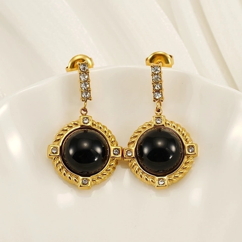 Vintage Runde Hängeohrringe Für Damen Edelstahl PVD 18K Vergoldet Schwarzes Harz Mit Strasssteinen
