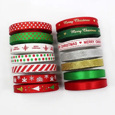 Christmas Grosgrain Ribbon Polyester Satin Metallic For Gift Wrapping DIY Craft Merry Christmas Snowflake Print Holiday Decor