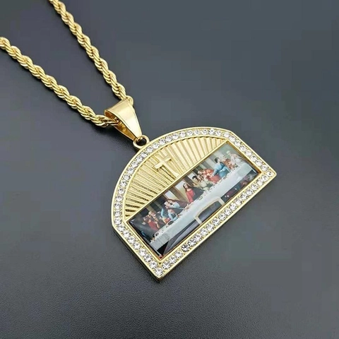 Hiphop Collana con Ciondolo L'Ultima Cena in Acciaio al Titanio Oro Argento Strass Croce Religiosa Gioielli per Uomo Donna