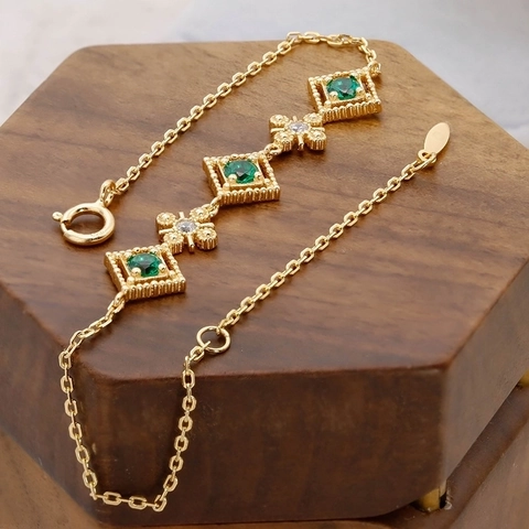 Bracciale in Argento Sterling 925 Placcato Oro Vintage per Donna Stile Palazzo Pietra Rossa Verde Rombo Strass Gioielli Regalo