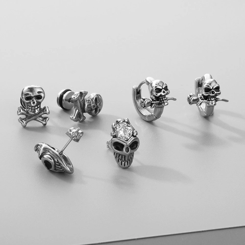 Hoop Stud Earrings Stainless Steel Skull Cross Sword Gothic Punk Rhinestone Jewelry For Unisex Antique Silver Retro