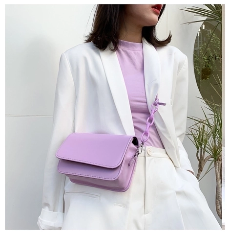 Women Mini Crossbody Bag PU Leather Flap Square Shoulder Bag With Chunky Chain Candy Color Small Purse