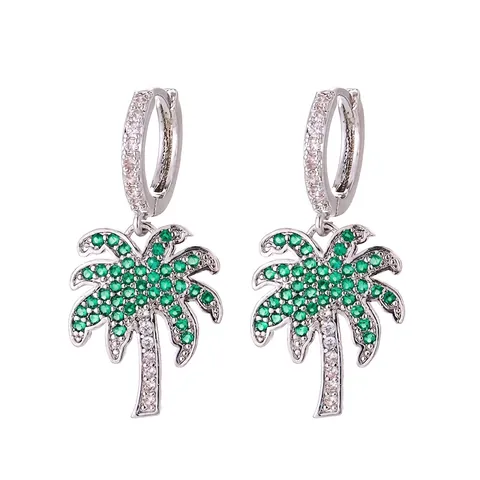 Vacation Style Coconut Tree Pendant Drop Earrings Copper With Green White Zirconia Tropical Palm Tree Earrings For Women Jewelry