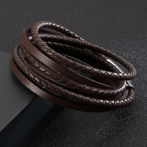 Pulsera De Cuero Multicapa Para Hombre Cuero De Vaca Trenzado Brazalete Envuelto Personalidad Vintage Cierre Magnético De Acero Inoxidable