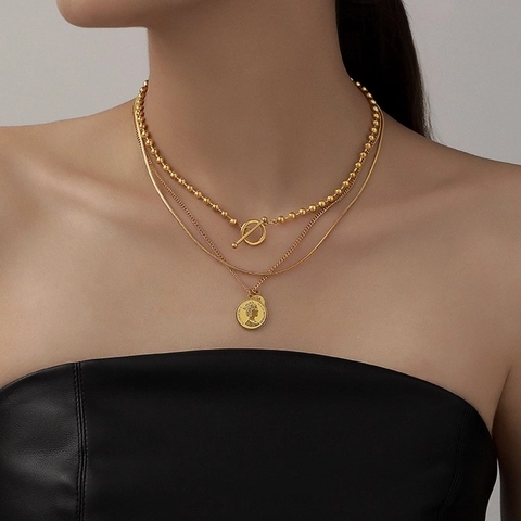 Vintage Triple Layer Stainless Steel Necklace For Women Minimalist Multi-Layered Coin Portrait Pendant OT Buckle Jewelry