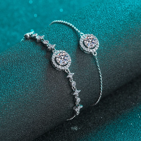 Bracelet En Argent Sterling 925 Moissanite Halo Rond Réglable Chaîne Coulissante Étoile Bijoux Élégants Femmes