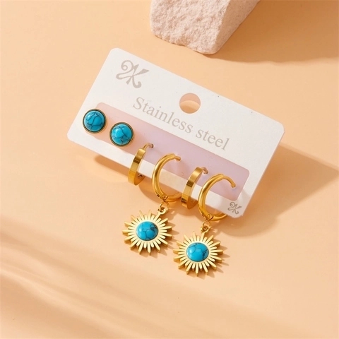 Pendientes De Acero Inoxidable Turquesa Vintage Colgante Sol Aros Y Botones Estilo Bohemio Joyería Moda Mujer