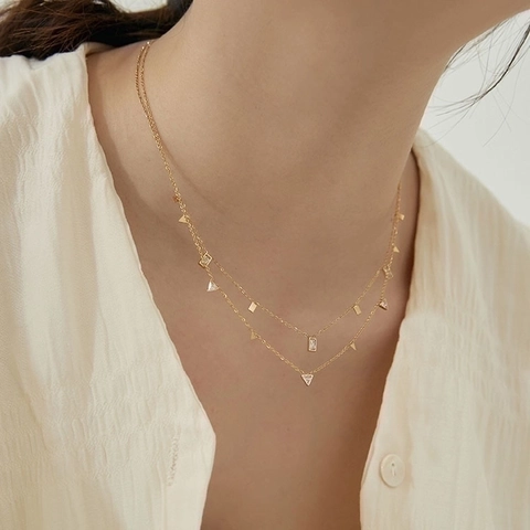 Minimalist Geometric Necklace Stainless Steel Gold Plated With Zircon Pendants Double Layer Jewelry For Women Elegant
