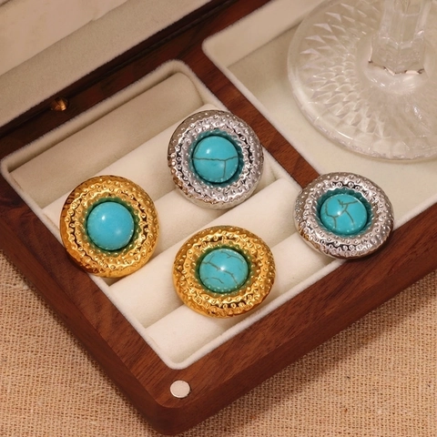 Orecchini a Bottone in Acciaio Inossidabile Tondi Martellati Vintage Francese Con Turchese Artificiale Elegante Gioielli Bohémien