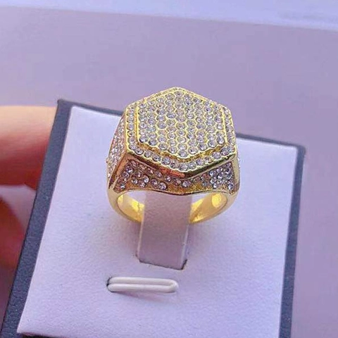 Men Hexagon Signet Ring Alloy Rhinestone Iced Out Hip Hop Style Fashion Jewelry Wide Band Accessory For Male