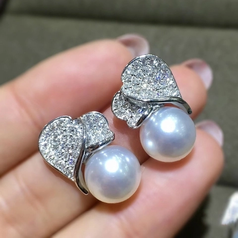 Elegant Copper Zirconia Heart Shape Artificial Pearl Stud Earrings For Women Floral Leaf Design Platinum Color Wedding Party Jewelry