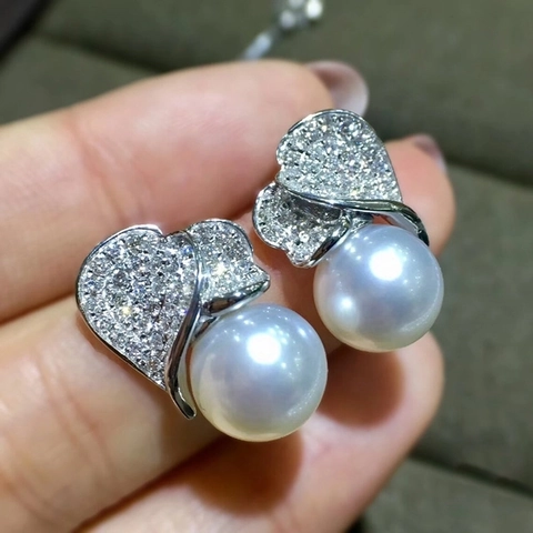 Elegant Copper Zirconia Heart Shape Artificial Pearl Stud Earrings For Women Floral Leaf Design Platinum Color Wedding Party Jewelry