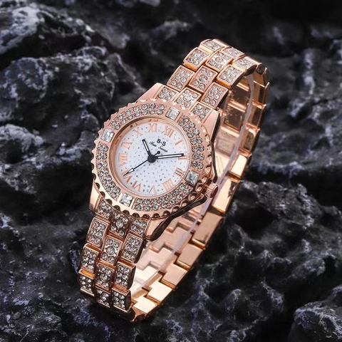 Orologio Al Quarzo Di Lusso Da Donna Strass Luccicanti Lega Cinturino In Acciaio Moda Elegante Numeri Romani