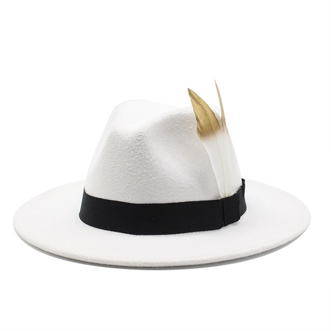 Cappello Fedora Vintage In Feltro Di Lana Tesa Larga Piatta Con Fascia Nera E Piuma Dorata Per Uomo Donna Stile Jazz