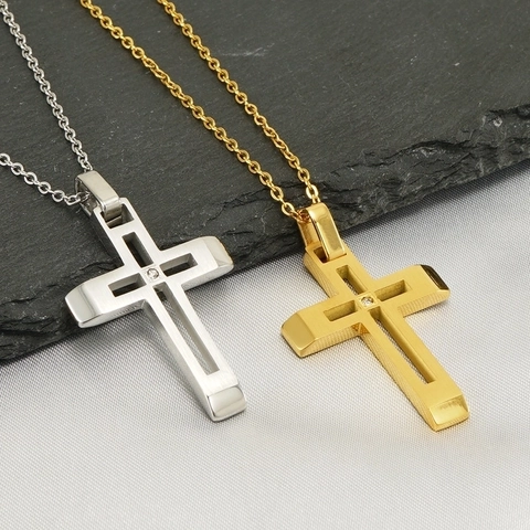 Collana Hip Hop con Pendente a Croce in Acciaio Inossidabile per Uomo Donna Placcata Oro 18K Strass Gioielli Streetwear