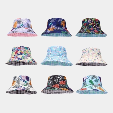 Chapeau Bob Réversible pour Femmes Large Bord Protection Solaire Été Plage Imprimé Floral Feuille Tropicale Plaid Chapeau