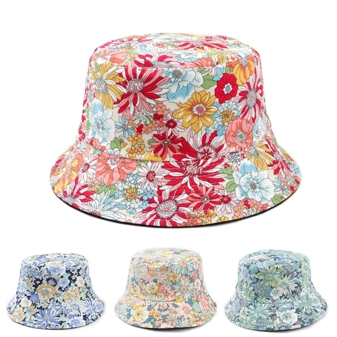 Damen Wendbarer Baumwoll Fischerhut Blumenmuster Sonnenschutz Faltbar Sommer Outdoor Strand Gänseblümchen Druck Sonnenhut