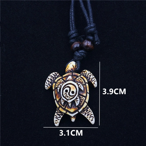 Sea Turtle Pendant Necklace Resin Imitation Bone Tai Chi Yin Yang Ethnic Tribal Wood Beads Adjustable Rope Jewelry