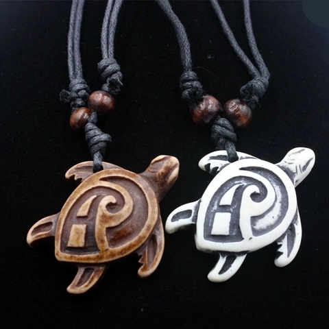Sea Turtle Pendant Necklace With Resin Imitation Bone Carving Wooden Beads Adjustable Wax Rope Tribal Style Unisex
