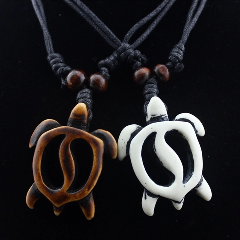 Vintage Sea Turtle Pendant Necklace Faux Bone Resin Hawaiian Style Adjustable Rope Cord Wood Beads Unisex Tribal Jewelry