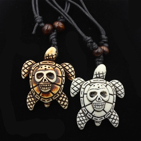 Vintage Skull Turtle Pendant Necklace Hand Woven Resin Bone Imitation Wood Beads Adjustable Rope Chain For Men Women