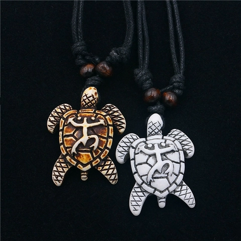 Collana Con Ciondolo Tartaruga Marina Imitazione Osso Resina Motivo Etnico Tribale Corda Nera Perline In Legno
