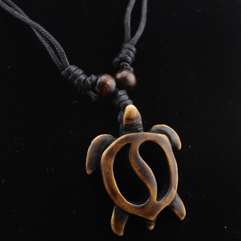 Vintage Sea Turtle Pendant Necklace Faux Bone Resin Hawaiian Style Adjustable Rope Cord Wood Beads Unisex Tribal Jewelry