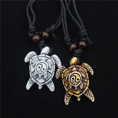 Sea Turtle Pendant Necklace Resin Imitation Bone Tai Chi Yin Yang Ethnic Tribal Wood Beads Adjustable Rope Jewelry