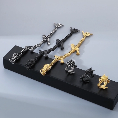 Pulsera Y Anillo De Dragón Chino Para Hombre Acero Inoxidable Tótem Tallado Joyas Estilo Hip Hop Punk