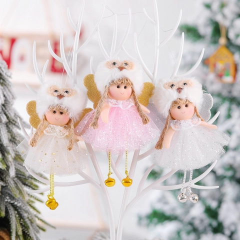 Pendente Angelo Di Natale Corna Di Renna Gonna In Rete Con Paillettes Ali In Peluche Campanello In Metallo Decorazione Albero Carino