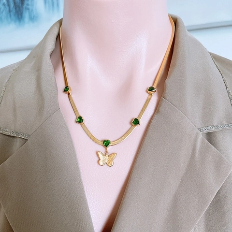 Titanstahl Schmetterling Herz Zirkonia Anhänger Halskette Für Frauen Schlangenkette Eleganter Schmuck