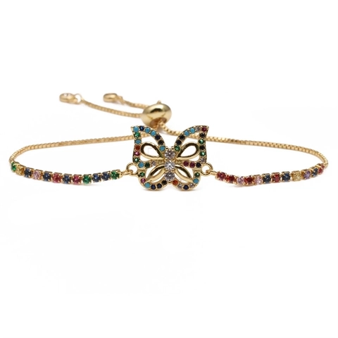 Butterfly Bracelet Copper Multicolor Cubic Zirconia Micro Pave Adjustable Bolo Clasp Fashion Jewelry For Women