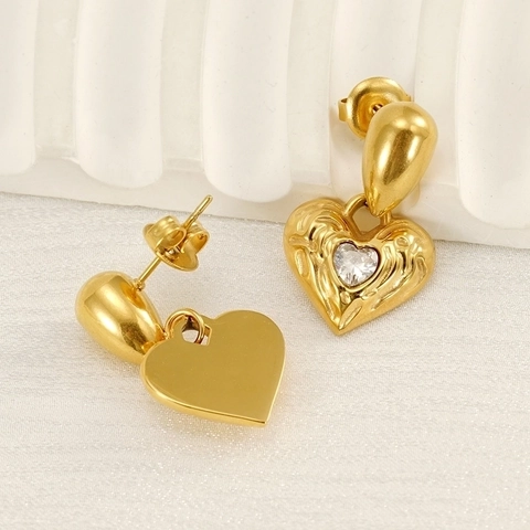 Herz Tropfen Ohrringe 18K Vergoldet Edelstahl Gehämmerte Struktur Zirkon Inlay Vintage Schmuck Für Damen