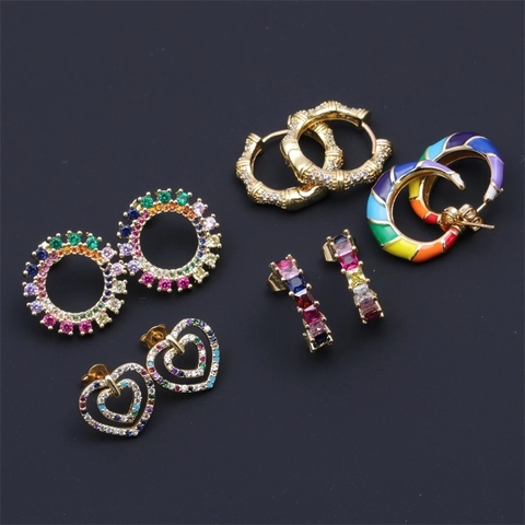 Rainbow Copper Earrings For Women Gold Plated Geometric C Shape Heart Enamel Multi Color Rhinestone Fashion Jewelry