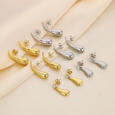 Teardrop Stainless Steel Stud Earrings With Cubic Zirconia Water Drop Design Minimalist Elegant Jewelry Gift For Women