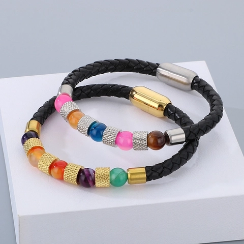 Bracciale In Pelle Intrecciata Con Chiusura Magnetica In Acciaio Inossidabile E Perle Di Quarzo Colorate Per Uomo Unisex