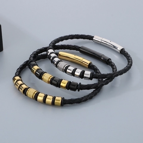 Bracciale Da Uomo In Pelle Intrecciata Con Fibbia Magnetica In Acciaio Inossidabile Perline Geometriche Gioielli Punk