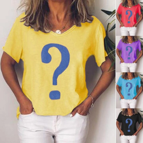 Women's Casual Cotton Spandex V Neck Short Sleeve T-Shirt Loose Fit Printed Question Mark Pattern Pullover Top Everyday Tee