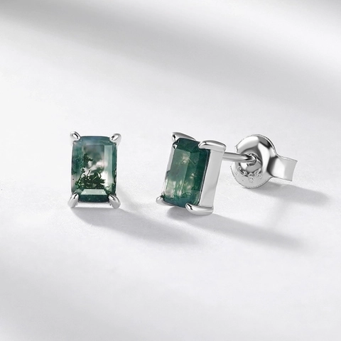 925 Sterling Silver Natural Moss Agate Stud Earrings Geometric Rectangular Emerald Cut Green Gemstone Jewelry For Women