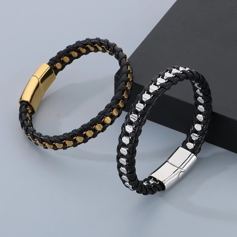 Braided Leather Bracelet Men Stainless Steel Magnetic Clasp Woven Punk Trendy Hip Hop Jewelry Accessory