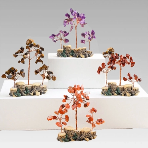 Natural Crystal Stone Money Tree Copper Wire Wrapped Resin Base Home Office Desktop Decor Feng Shui Luck Bonsai Ornament