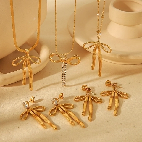 Collana Con Ciondolo A Fiocco Orecchini Placcato Oro 18K Acciaio Inossidabile Resistente All'Acqua Gioielli Donna