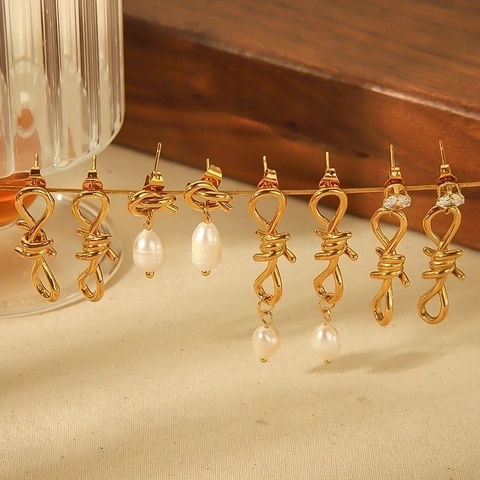 Pendientes De Acero Inoxidable Chapados Oro 18 Quilates Geométricos Retorcidos Alambre De Espino Nudo De Lazo Perla Artificial Circón