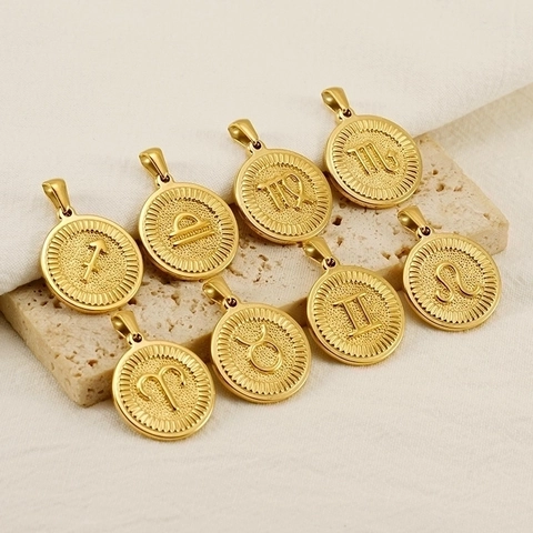 Colgante De Constelación Del Zodíaco Acero Inoxidable Chapado En Oro De 18K Simple Vintage Redondo Amuleto De Collar Para Hombres Mujeres